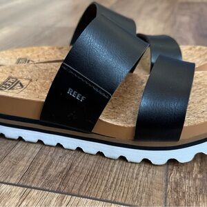 Reef Black Double-Strap Cushion Vista Hi Cork Slide Sandals